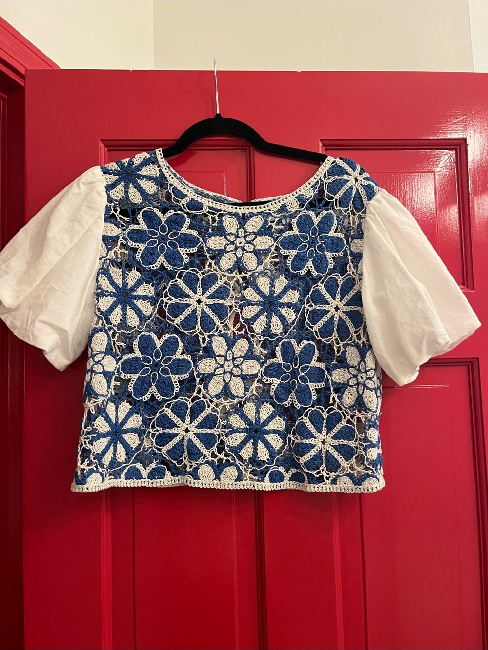 Never worn! Blue & White Floral Crochet Puff-Sleeve Top